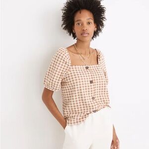 Madewell Gingham Jacquard Square-Neck Puff-Sleeve Top in Saddle Brown Size XXS